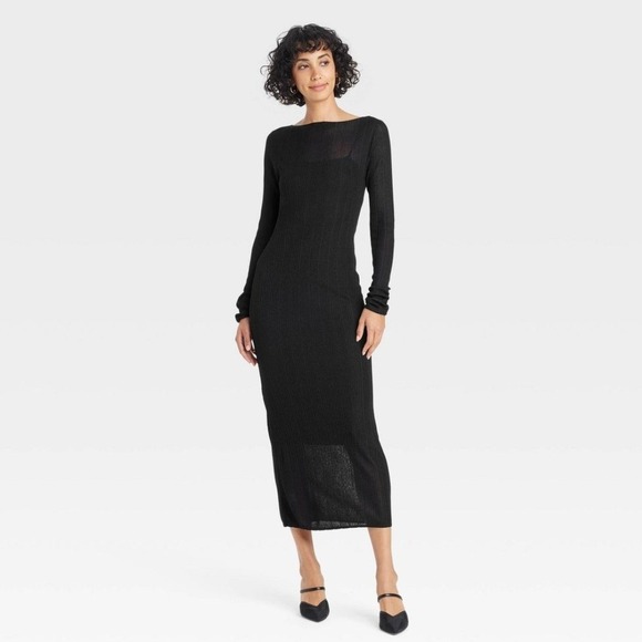 a new day Dresses & Skirts - A New Day Plisse Midi Dress Womens XL Black NEW Long Sleeve Column Boat Neck